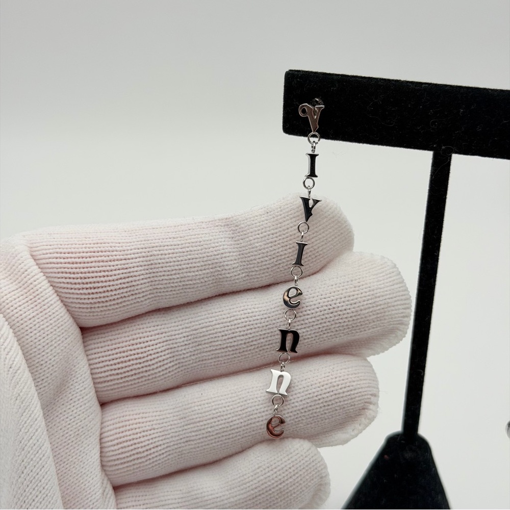 VIVIENNE WESTWOOD RAIMUNDA ASYMMETRICAL LETTER DROP EARRINGS – SILVER TONE - Picture 4 of 6